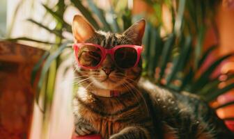 AI generated Cute cat wearing sunglasses lying on sofa in living room at home photo