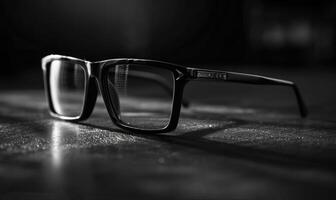 AI generated Eyeglasses on a dark background, close-up. Selective focus. photo