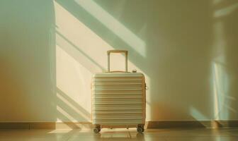 AI generated Suitcase in the room with sunlight and shadow on the wall photo