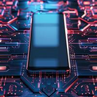 AI generated Smartphone mockup with a blank screen on a futuristic technology background photo
