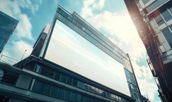 AI generated Blank screen banner mockup displayed on the modern building facade. Close Up view. photo
