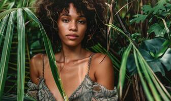 AI generated beautiful african american woman looking at camera while posing among tropical leaves photo