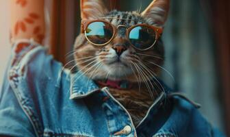 ai generado retrato de un gato en Gafas de sol en el antecedentes de el ventana foto