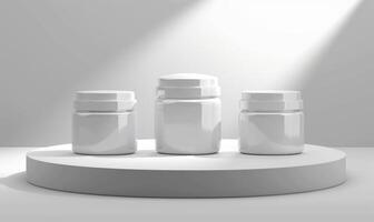 AI generated Mockup rendering of three white round cosmetic jars on white podium. photo