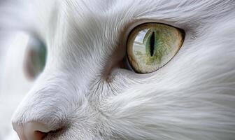 ai generado cerca arriba de blanco de gato ojos. selectivo atención en ojos. foto