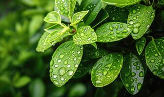 ai generado gotas de lluvia en Fresco verde hojas, cerca arriba ver de primavera verde hojas, naturaleza antecedentes foto