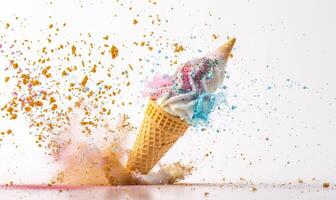 AI generated Ice cream cone explosion on white background photo