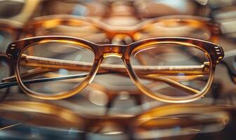 AI generated Glasses on display in a shop window, close-up shot photo