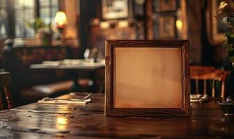 AI generated Empty wooden board on table in cafe, closeup. Space for text. Mock up for menu or design photo