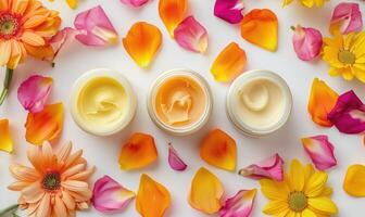 AI generated Three creme jar blank mockups nestled amidst delicate flower petals on a white background photo