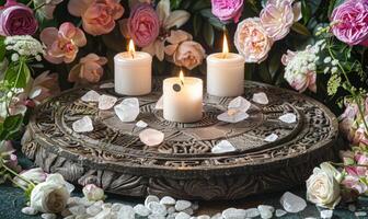 AI generated Ancient astrological sign of Zodiac and burning candles on a dark marble background photo