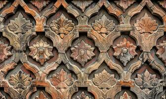 AI generated Fragment of the facade of an old brick building with a decorative ornament. photo