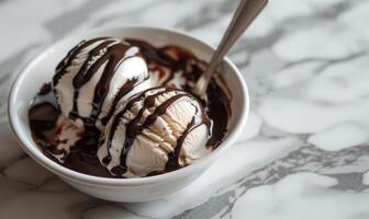 AI generated Ice cream scoop with chocolate syrup swirls closeup view photo