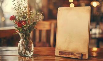 AI generated Empty wooden board on table in cafe, closeup. Space for text. Mock up for menu or design photo