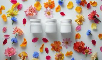 AI generated Three creme jar blank mockups nestled amidst delicate flower petals on a white background photo