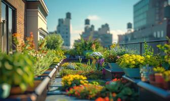 AI generated Urban rooftop garden. Modern skyscrapers, view from a terrace. photo