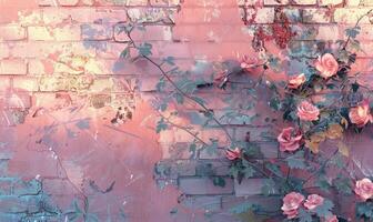 AI generated Pink roses on old white brick wall background with grunge texture. Copy space for text. photo