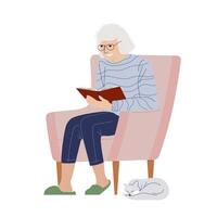 Reading elderly woman on armchair. Grandmother sitting on armchair with book. Vector cute flat illustration isolated on white background.