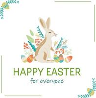 Happy Easter greeting card. Cute spring background with rabbits, eggs, flowers. Colorful flat vector templates for social media post, online advertising, flyer, invitation square design