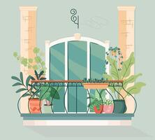 Modern balcony with green plants in pots. Cozy balcony garden with greenery Vector design of house and apartment building facade architecture element. Balcony retreat. Urban house jungle on veranda.