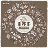 Set of Hippie cartoon doodle objects, symbols and items vector