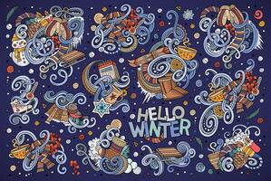 Cartoon set of Winter season doodles designs vector