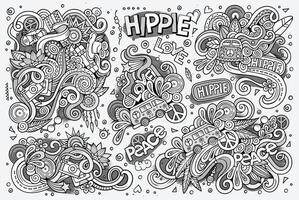 Line art set of hippie objects vector