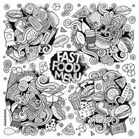 Line art vector hand drawn doodles cartoon set of food objects