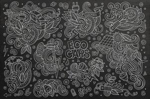 Chalkboard vector doodle cartoon set of Electric cars objects