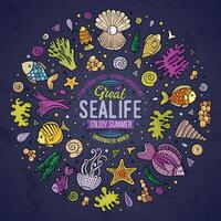 Set of Sealife cartoon doodle objects, symbols and items vector