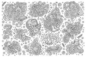 Cartoon set of Winter season doodles designs vector