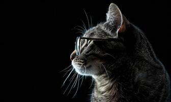 ai generado retrato de un atigrado gato en lentes en un negro antecedentes foto