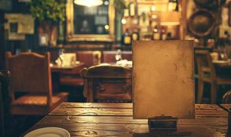 AI generated Blank frame on wooden table in cafe. Mockup for design photo