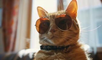 AI generated Cute ginger cat wearing sunglasses sitting on window sill and looking at camera photo