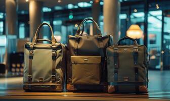 AI generated Luxury travel bags in the lobby of a modern shopping mall photo