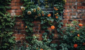 AI generated Brick wall and orange flowers in the garden. Vintage style. photo