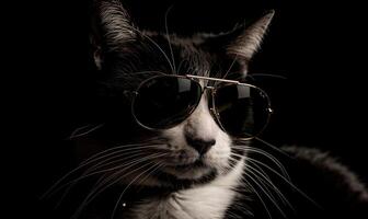 ai generado retrato de un gato vistiendo Gafas de sol en un negro antecedentes. foto