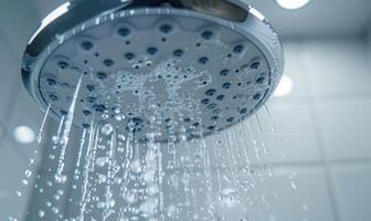 AI generated Shower head with water drops. Shower head with running water photo