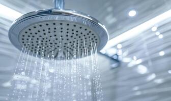 ai generado ducha cabeza con agua gotas en el baño. ducha cabeza con corriendo agua. foto