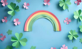 AI generated Rainbow with flowers and leaves on dark background. Space for text. St. Patricks Day background. photo