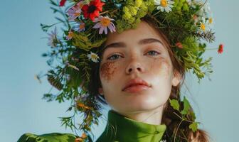 AI generated Portrait of a girl in a wreath of wildflowers. photo