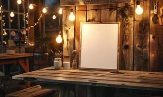 AI generated Empty wooden board on table in cafe, closeup. Space for text. Mock up for menu or design photo