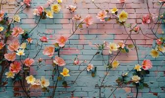 ai generado vistoso rosas en blanco ladrillo muro, Clásico color tono estilo. foto