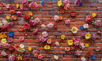 AI generated Red and pink roses on the old brick wall background with copy space photo