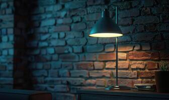 AI generated Lamp on a brick wall background. Space for text. photo