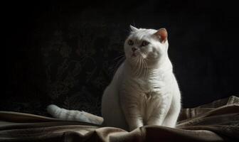 ai generado hermosa blanco gato en un oscuro antecedentes. linda grasa gato foto