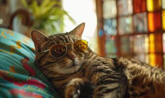 AI generated Cute tabby cat wearing sunglasses lying on bed at home. photo