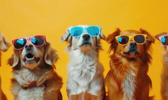 AI generated Group of dogs in sunglasses on a yellow background. Studio shot. photo