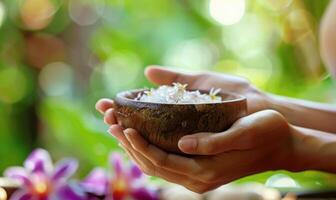 AI generated Woman hands holding wooden bowl with water and flowers in spa photo