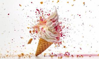 AI generated Ice cream cone explosion on white background photo